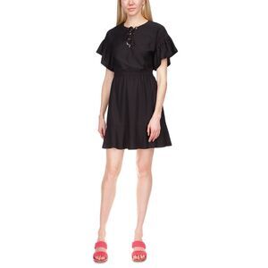 Michael Kors Lace-up Lace Ruffle Mini Dress In Black - S